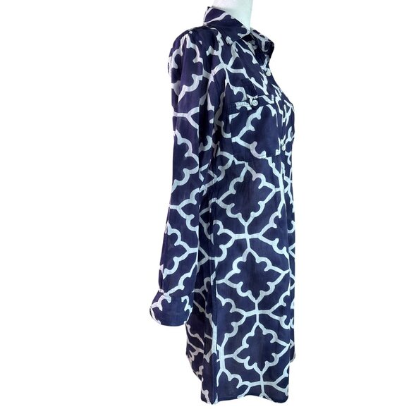 Roberta Roller Rabbit Shirt Dress Size XS Geo Print Navy White Sheer Long Sleeve - Picture 6 of 11